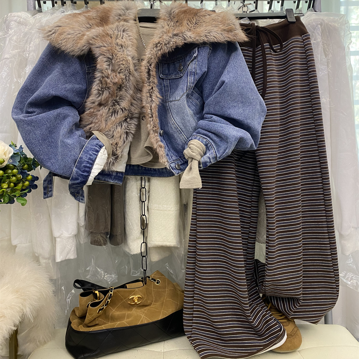 韩系新款拼色高腰抽绳显瘦条纹阔腿裤加绒休闲长裤子牛仔棉衣套装