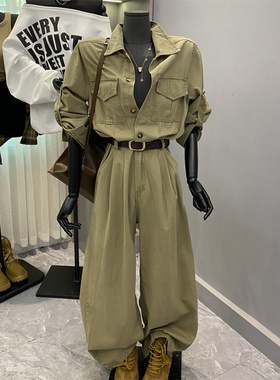 韩版2025新款酷飒军绿色高腰显瘦口袋工装牛仔连体裤阔腿长裤子女