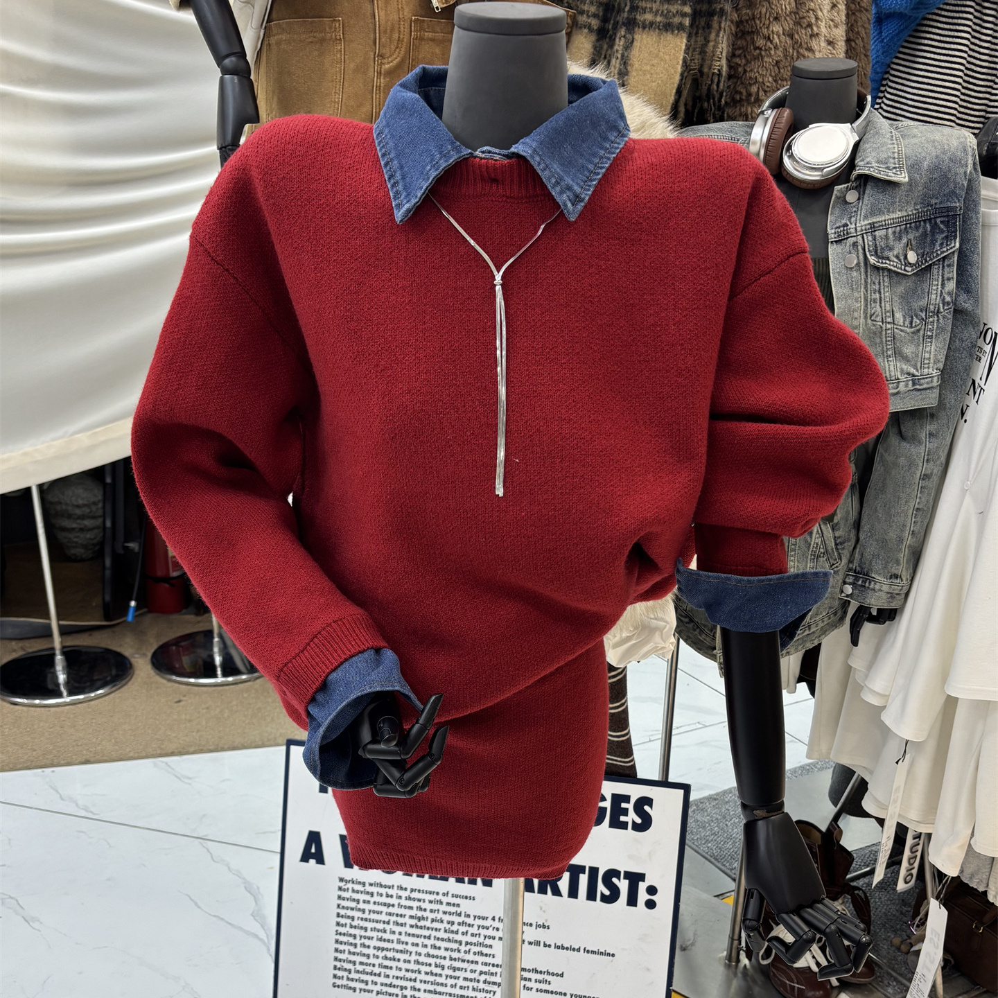 韩系新款小个子穿搭套装学院风假两件牛仔衬衫领毛衣短裙两件套女