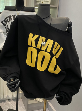 美式辣妹复古字母印花一字领长袖卫衣女休闲宽松显瘦红色露肩上衣