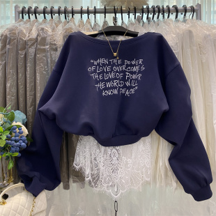 卫衣ins风洋气百搭上衣 设计感斜肩蕾丝拼接洋气长袖 韩版 春秋新款