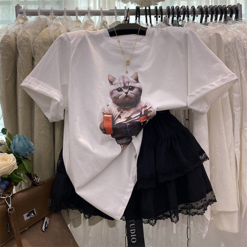 猫咪印花宽松垫肩短袖T恤上衣女