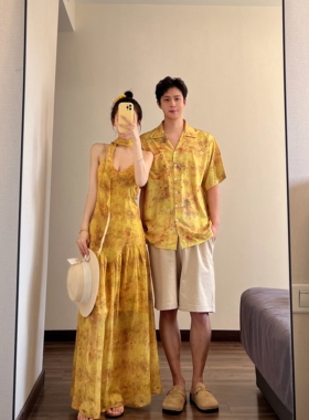 情侣装2026夏季黄色晕染印花吊带连衣裙海岛三亚度假长裙一裙一衣