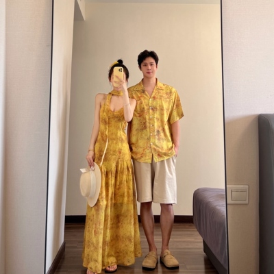 黄色晕染印花连衣裙海岛三亚度假