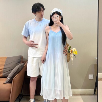 情侣装旅游蓝色渐变吊带裙中长款