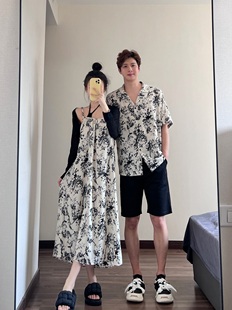 情侣装 水墨印花吊带裙连衣裙宽松海边沙滩度假风一衣一裙 夏季 衬衫