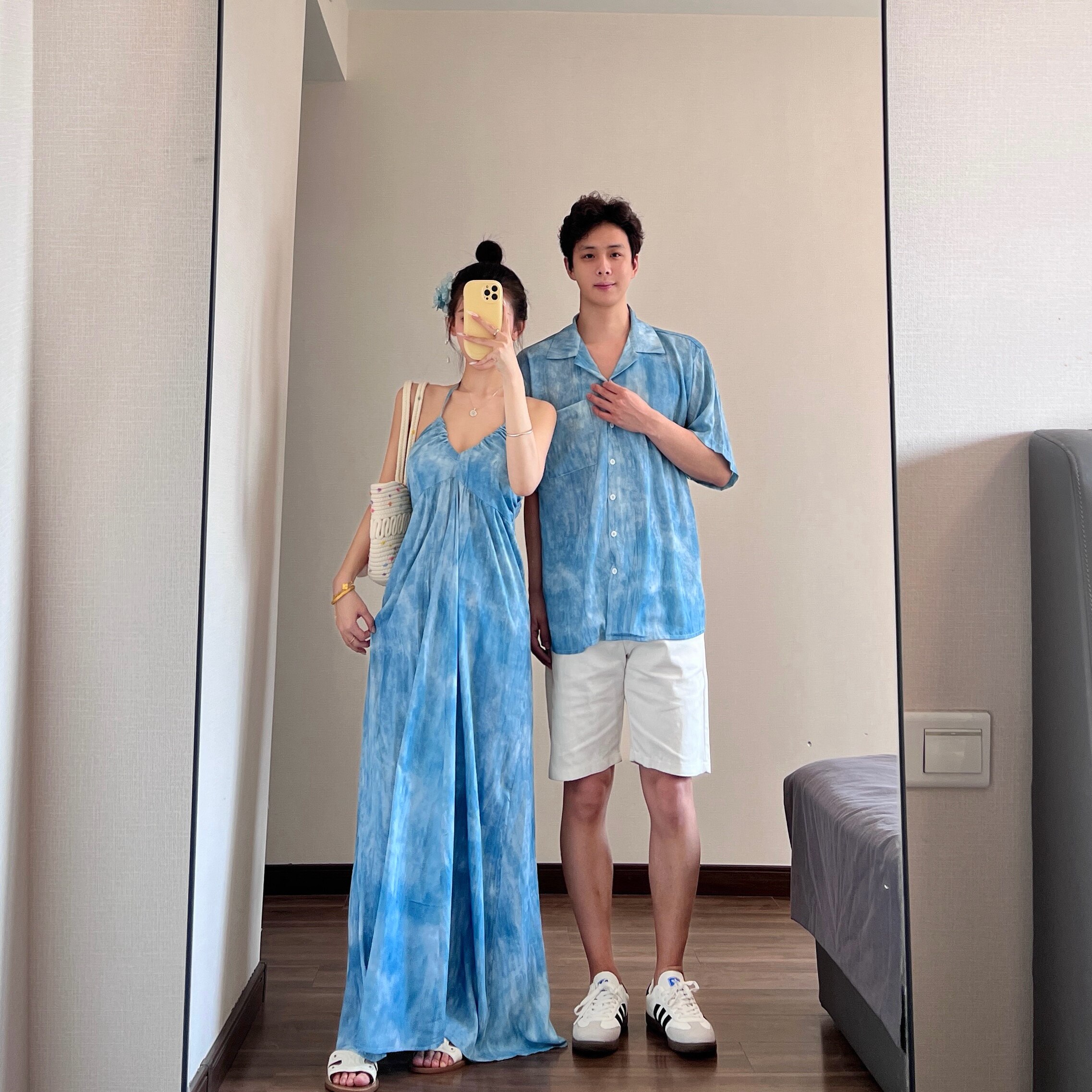 情侣装夏季沙滩海边旅游度假扎染衬衫连衣裙宽松休闲衬衫一衣一裙