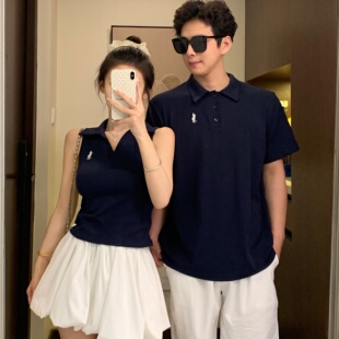 情侣装小众设计感韩系高级感polo领刺绣短袖T恤套装结婚领证登记