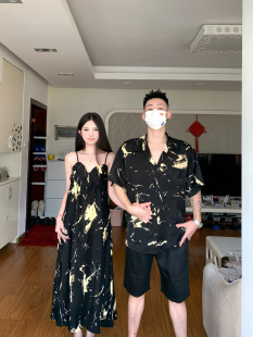 衬衫 小众设计感短袖 度假连衣裙碎花吊带两件套 夏季 一裙一衣情侣装