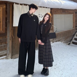 情侣装 假两件上衣一裙一衣 2026春韩系学院风百搭复古格纹黑色套装