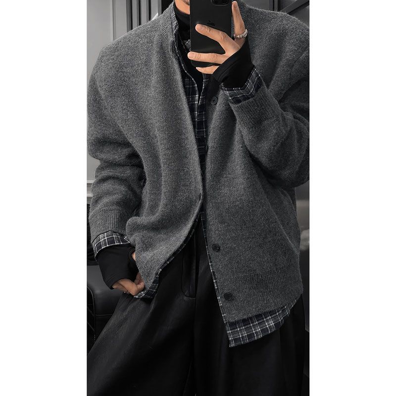 2025秋冬新品老钱风假两件格纹拼接长袖针织衫慵懒休闲开衫外套