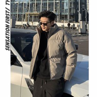 加厚保暖宽松休闲棉袄外套 pu皮棉服男冬季 田野L美式 复古立领短款