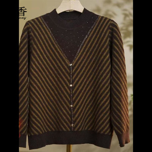 新款冬季加绒加厚烫钻毛衣妈妈冬装保暖一体绒条纹针织打底衫上衣