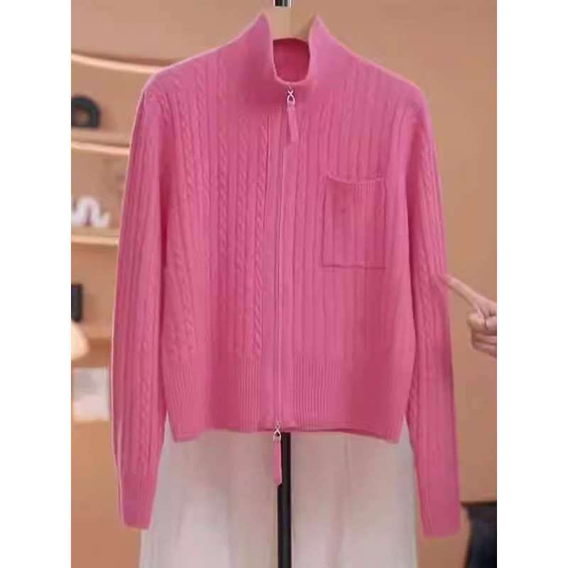 高级感双拉链立领针织开衫女秋冬季新款麻花毛衣外套打底上衣