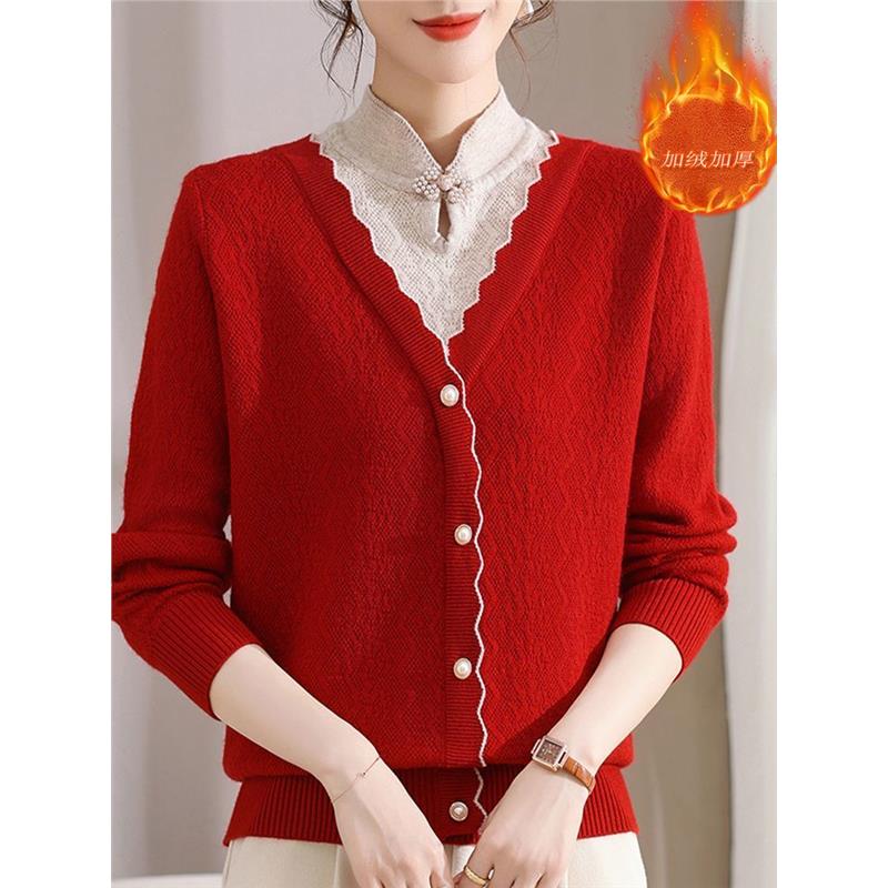 妈妈冬装毛衣加绒加厚保暖假两件内搭打底衫中老年本命年婚宴礼服