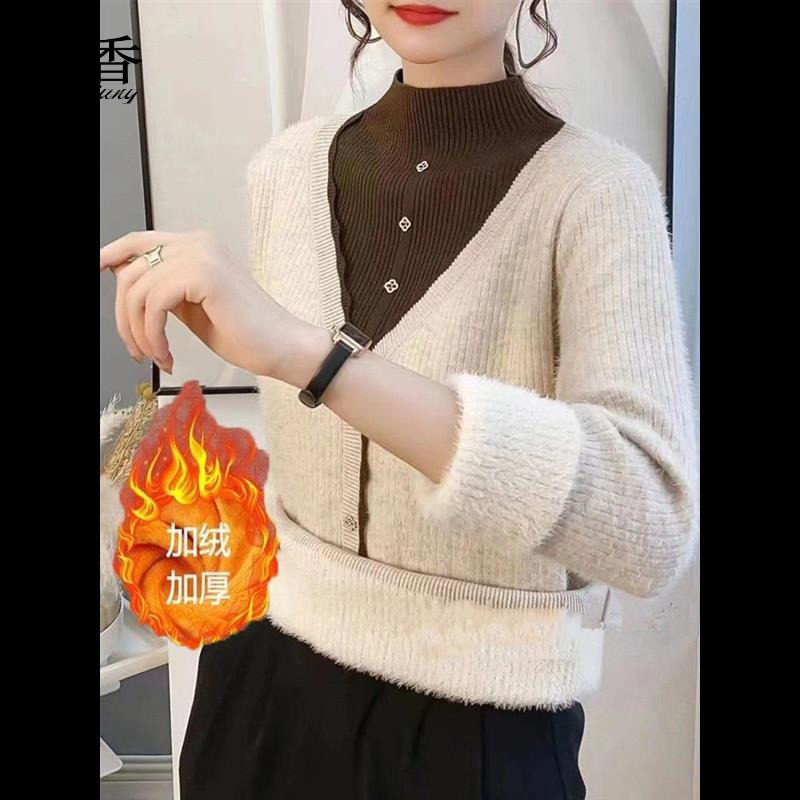 新款秋冬一体绒打底衫女加绒加厚毛衣短款内搭上衣保暖宽松针织衫