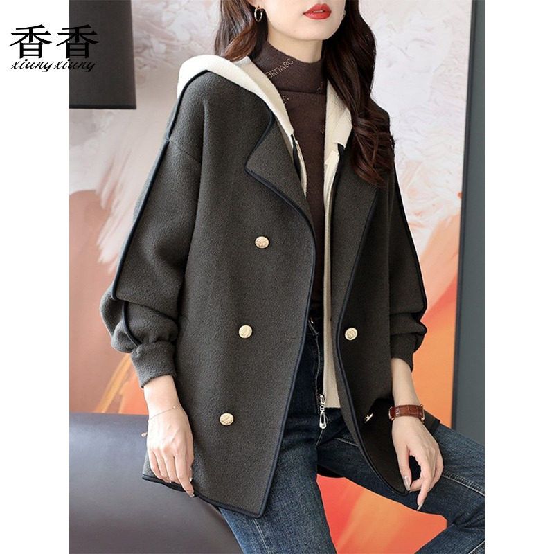 2025连帽假两件双排扣针织外套春秋款韩版新款宽松加厚毛呢大衣女