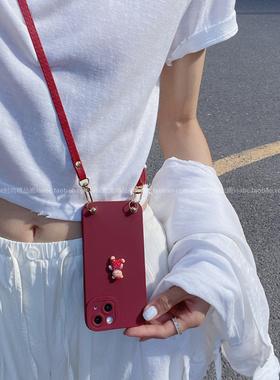 酒红色立体背带裤公仔适用oppofindx8手机壳reno1413pro背带斜挎a5挂绳findx7全包a6pro软硅胶reno11挂脖k12