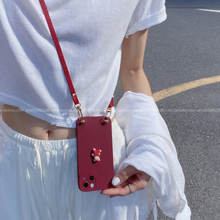 酒红色立体背带裤 公仔适用oppofindx8手机壳reno1413pro背带斜挎a5挂绳findx7全包a6pro软硅胶reno11挂脖k12