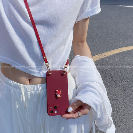酒红色立体背带裤公仔适用小米17promax手机壳17pro背带斜挎红米k80挂绳k70e全包note1514pro软硅胶civi5pro