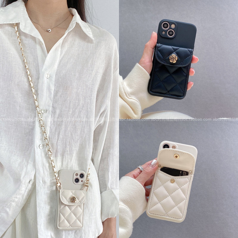 经典ins立体山茶花菱格卡包适用iPhone15Promax手机壳16Pro斜挎链条苹果13全包边14轻奢11女款12Pro可插卡xs