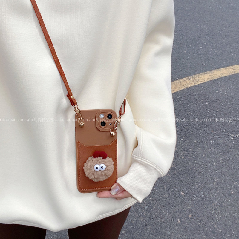 可爱毛茸茸煤球公仔插卡包适用小米17promax手机壳红米k90promax轻奢k90斜挎挂绳note15全包边turbo4可爱k80