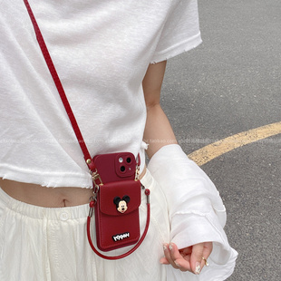 酒红色米老鼠卡包适用小米15/14Pro手机壳civi4Pro斜挎背带note14全包边红米K80/K70至尊版卡通公仔civi5Pro