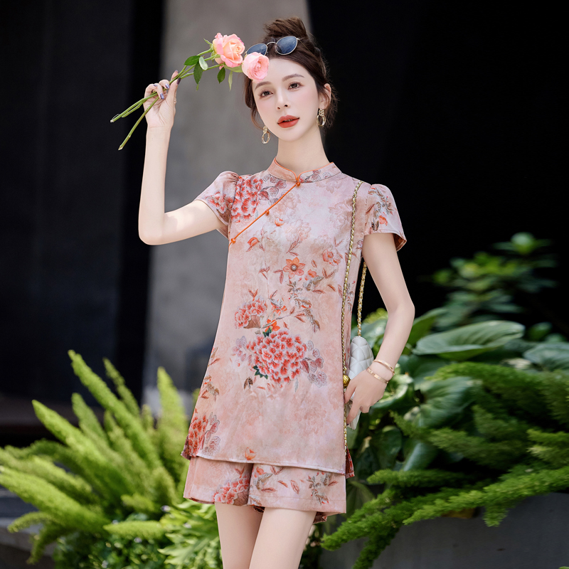 新中式国风套装女2025夏新款复古盘扣印花洋气显瘦短裤两件套减龄