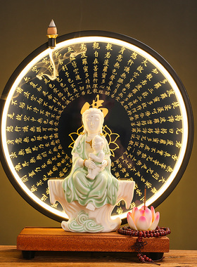 新款送子观音像如来佛像摆件家居客厅玄关心经灯圈装饰画禅意家用
