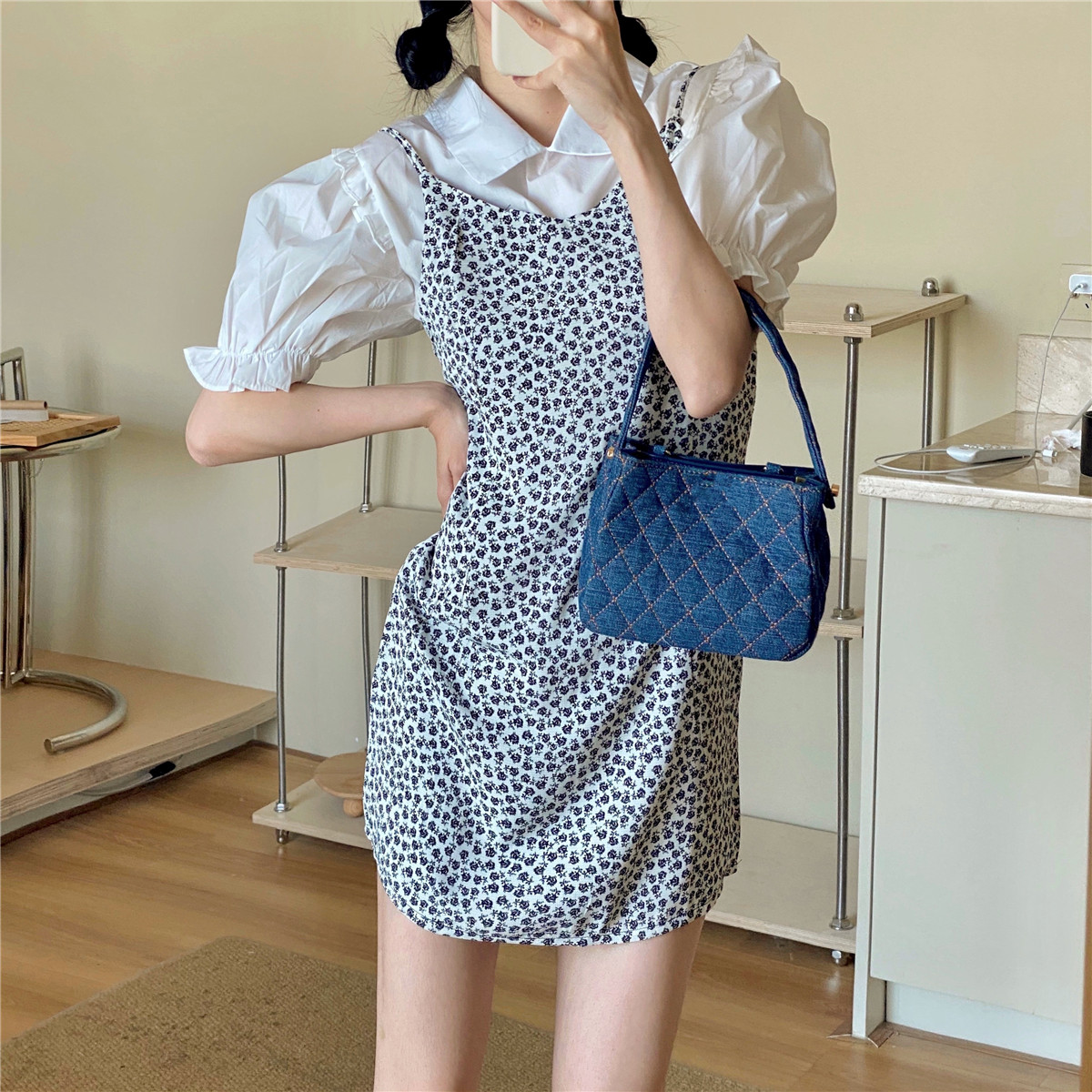 Real price Korean Vintage Floral adjustable shoulder strap dress + bubble sleeve white shirt