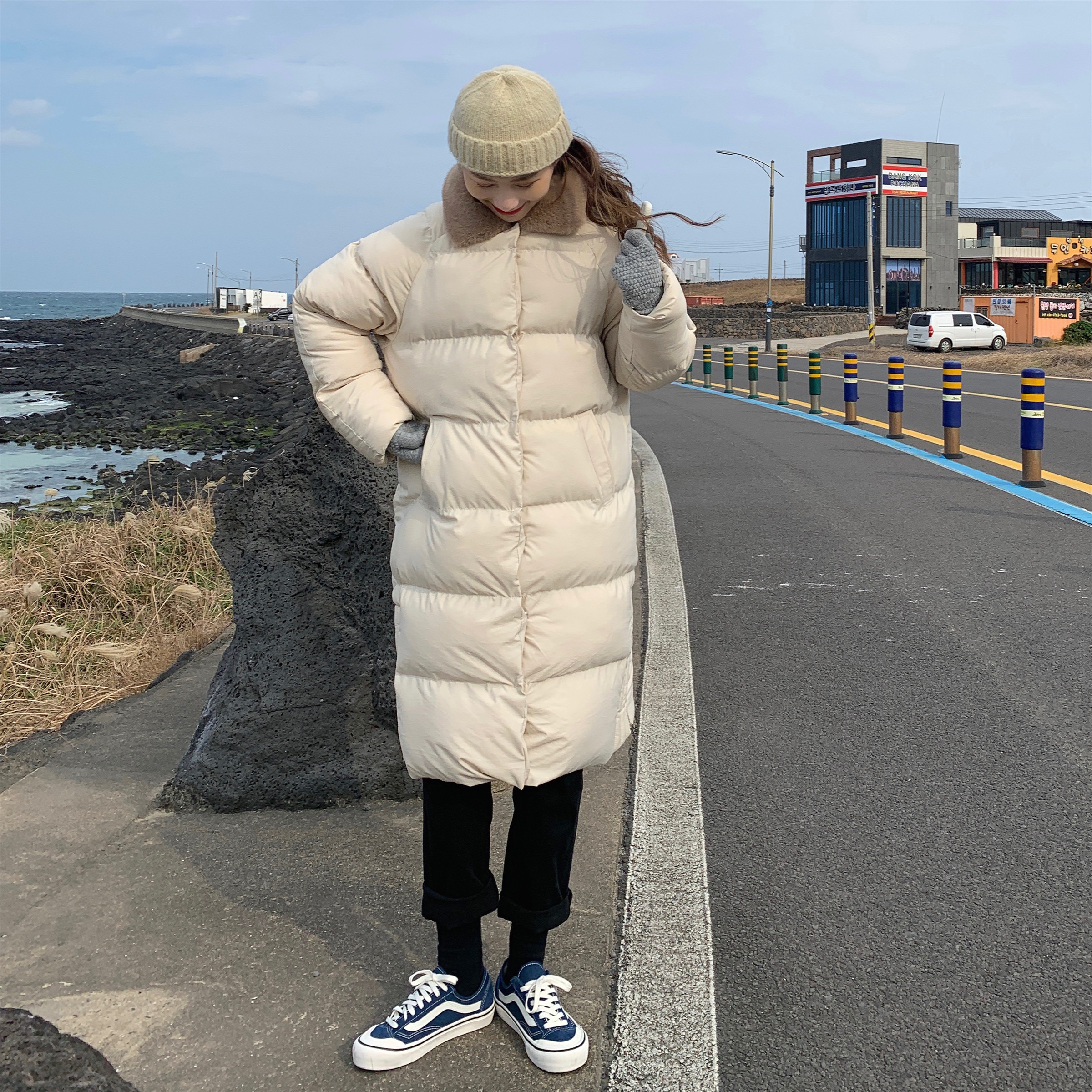 Real price Korean version loose thickened warm wool collar medium length cotton padded jacket coat
