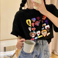 Black short sleeve T-shirt with loose print