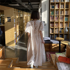Real price Korean floral bubble sleeve loose medium length dress