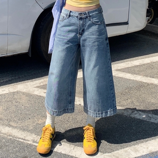 复古高腰阔腿2026夏季 宽松七分裤 新款 女春季 小个子显瘦 牛仔裤 美式