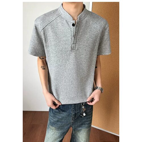 高街亨利领T恤男女款春夏潮牌百搭休闲上衣美式立领短袖扣子门襟