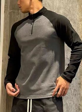 280克双面德绒保暖美式拼色插肩加厚长袖打底运动健身弹力运动T恤