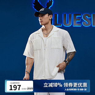 古巴复古针织短袖 BLUESFLY老钱风镂空衬衫 polo网格肌理翻领夏潮牌