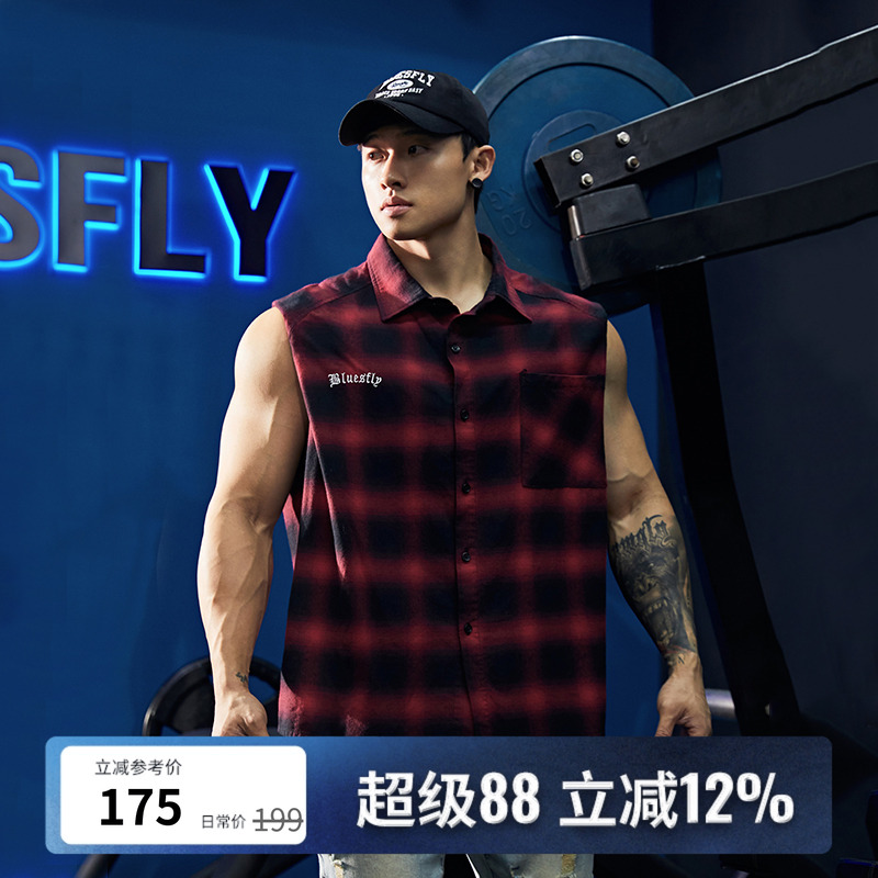 BLUESFLY 复古拼色短袖格子衬衫男夏季街头宽松bf风休闲上衣t恤