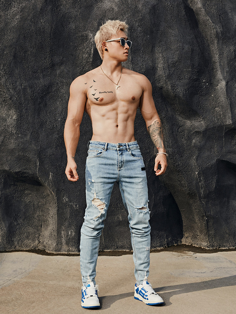 BLUESFLY 남성 피트니스 스포츠 찢어진 슬림 하이 스트레치 통기성 청바지 트렌디 캐주얼 바지