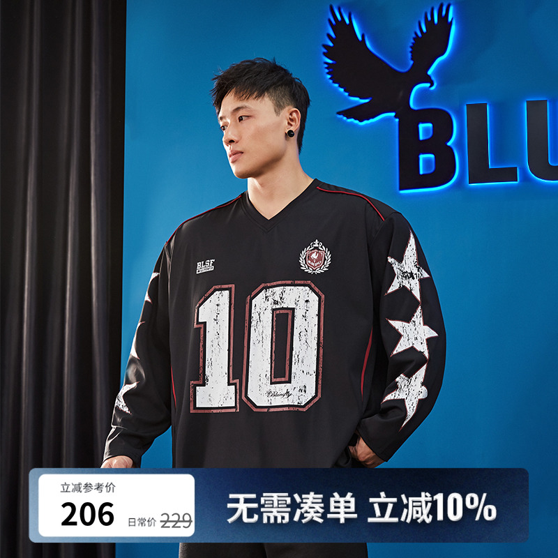 BLUESFLY健身长袖T恤秋冬美式限定10号字母印花宽松休闲运动上衣