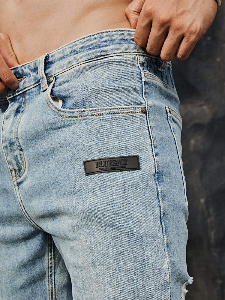 BLUESFLY 남성 피트니스 스포츠 찢어진 슬림 하이 스트레치 통기성 청바지 트렌디 캐주얼 바지