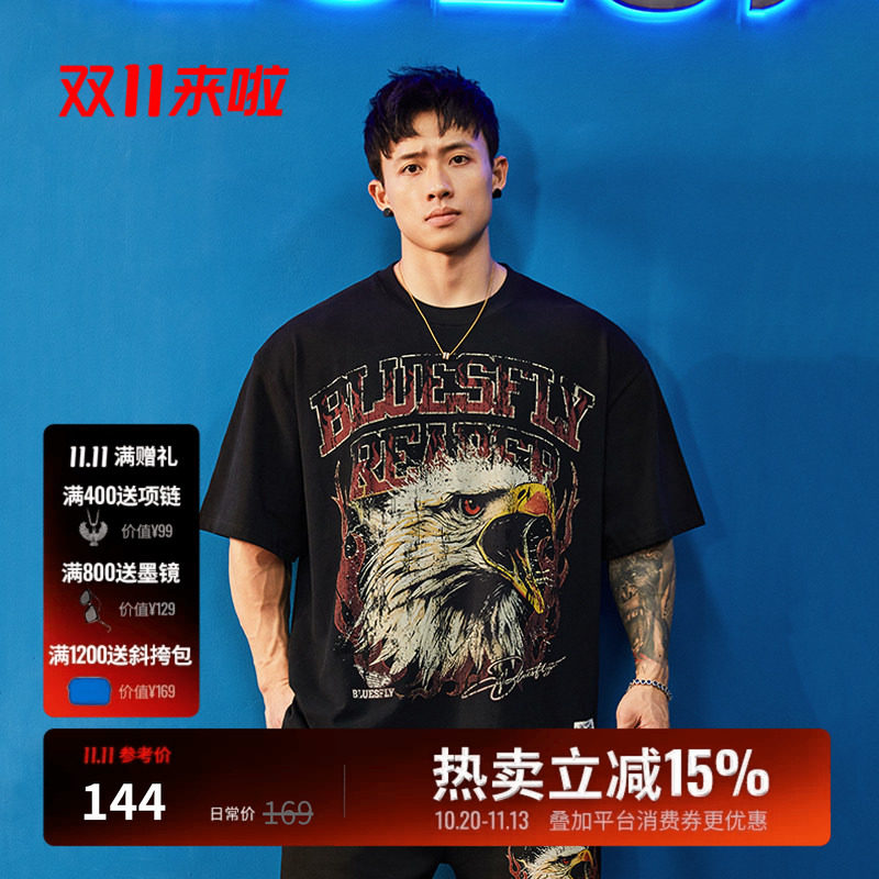 BLUESFLY美式潮牌鹰头印花短袖T恤男女街头宽松健身运动情侣上衣