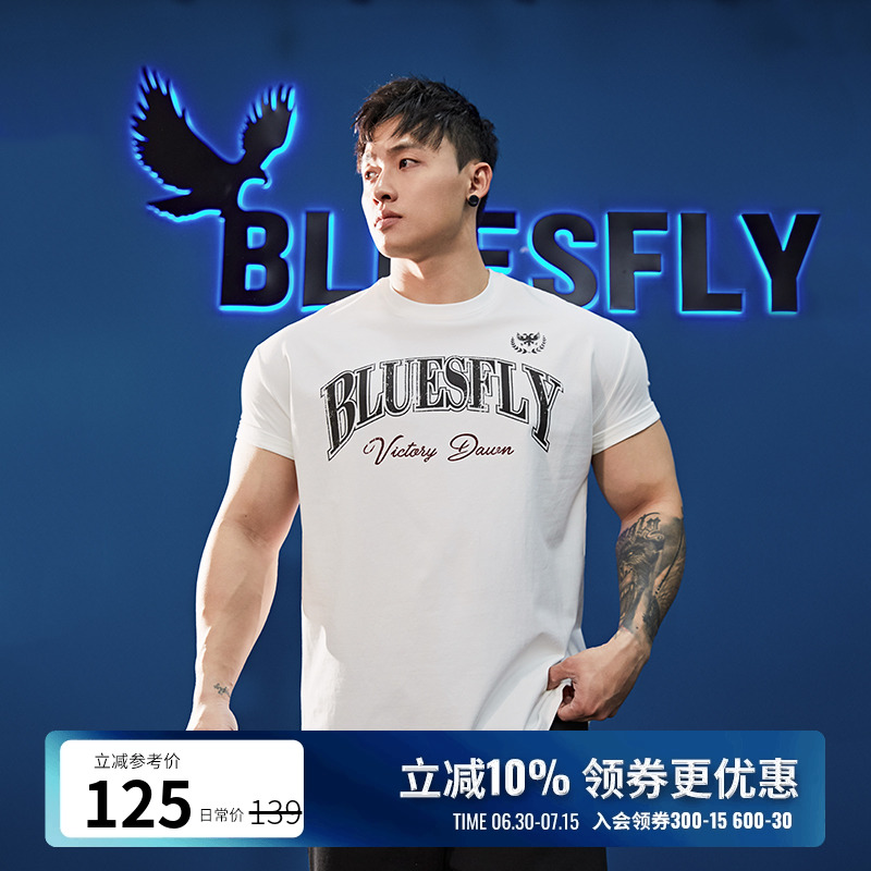 BLUESFLY健身运动短袖t恤男收袖口半袖训练上衣美式印花潮牌透气