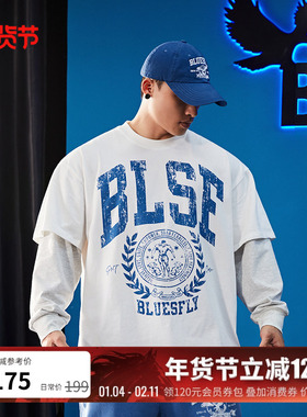 BLUESFLY假两件长袖t恤棉卫衣男秋冬美式印花宽松休闲运动训练潮
