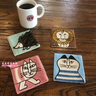 出口原单猫刺猬狮子手工针织日本棉麻针织方形杯垫碗垫盘垫咖啡垫
