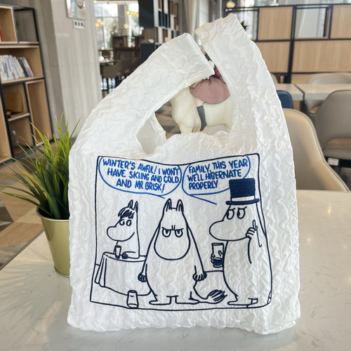 出口日本胖河马刺绣手提折叠收纳环保购物袋时尚个性褶皱收纳袋