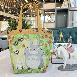 包邮出口日本订单黑炭绿色清新草莓豆豆拎包便当包杂物包购物袋