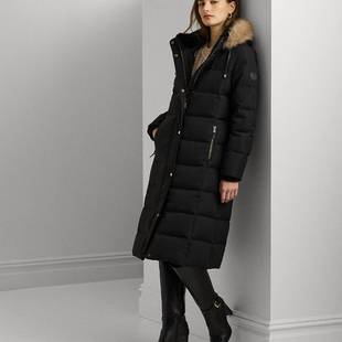 美国代购polo女超长款羽绒服RL帽子可脱卸黑色保暖秋冬大衣新特惠