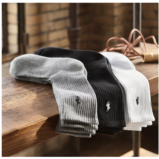 美国代购POLO男RL小马标袜子高帮运动袜6双套装棉线黑白灰棕蓝色