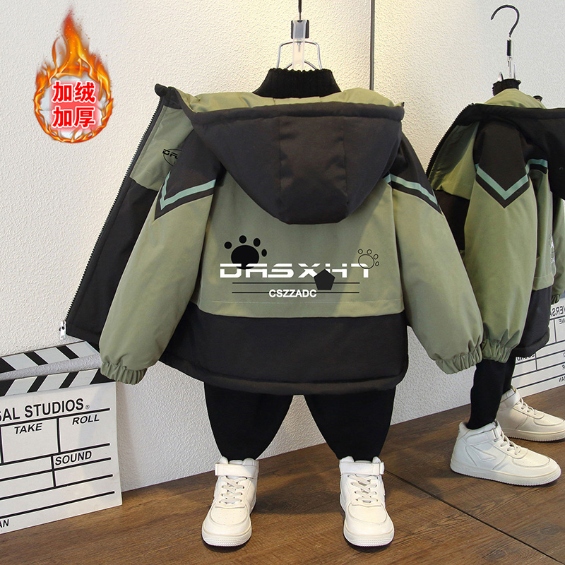 男女宝宝秋冬装韩版加绒加厚夹克服女童时尚撞色字母印花连帽外套